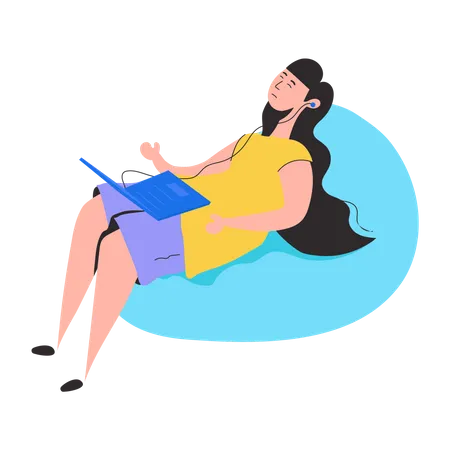 Young woman listening music using laptop  Illustration