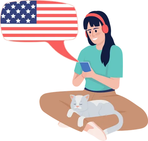 Young woman listening to american english course  Illustration