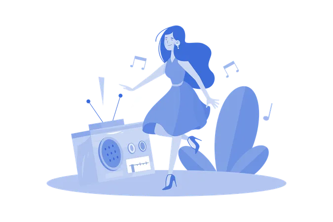 Young Woman Listening To Music And Moving With Dancing  Illustration
