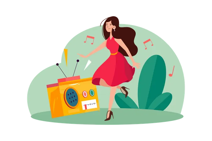 Young Woman Listening To Music And Moving With Dancing Illustration