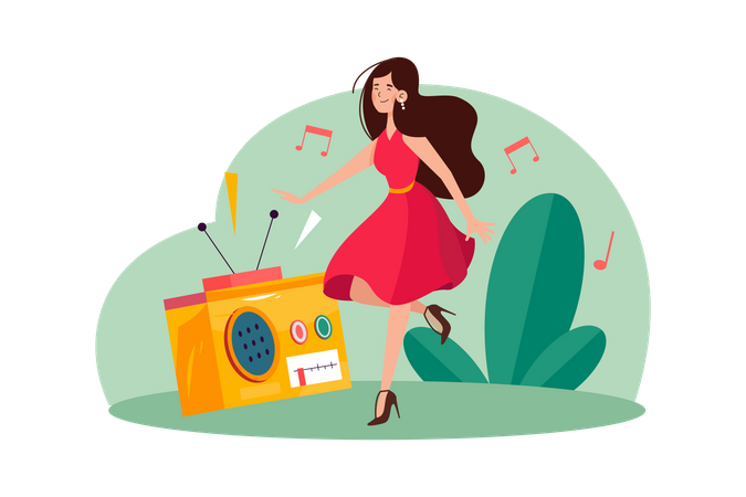 Young Woman Listening To Music And Moving With Dancing  Illustration