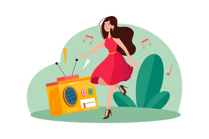 Young Woman Listening To Music And Moving With Dancing  Illustration