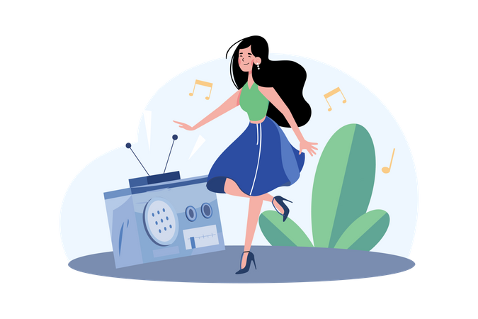 Young Woman Listening To Music And Moving With Dancing  Illustration