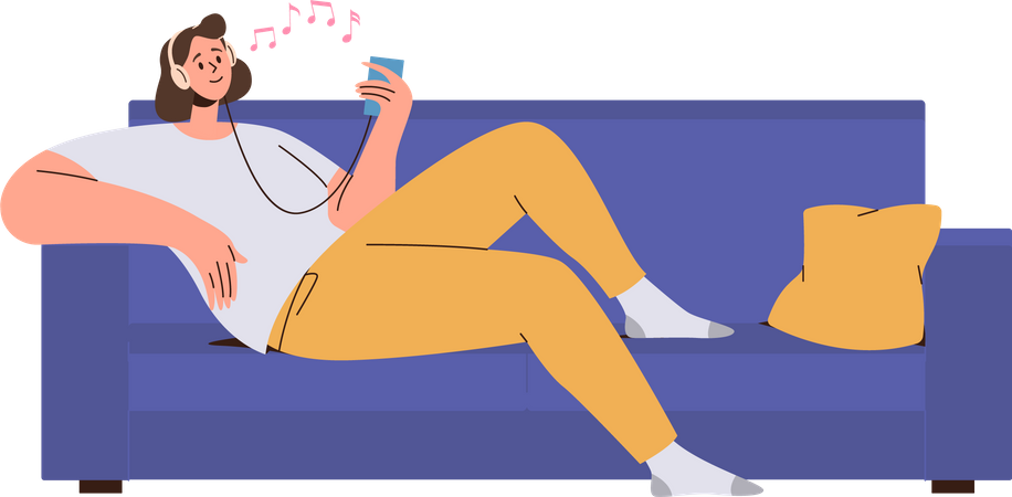 Young woman listening to music while rest on sofa  Illustration