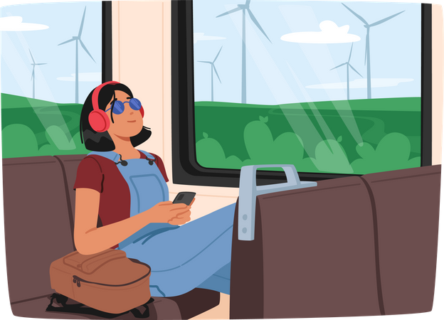 Young Woman Listening To Music With Headphones While Riding The Train  Illustration