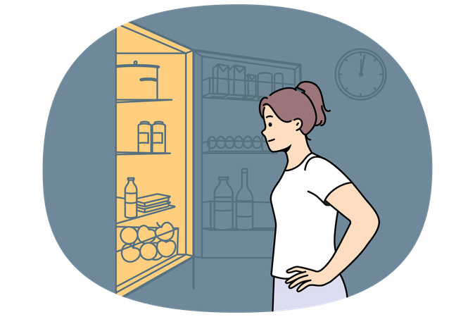 Young woman look for midnight snack in fridge  Illustration
