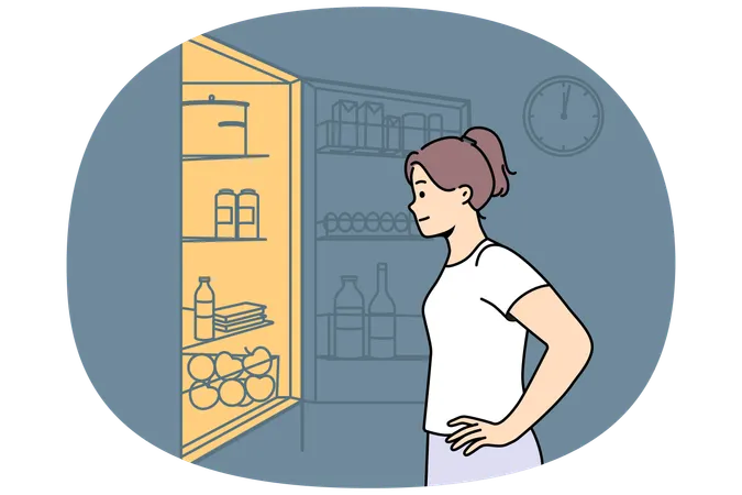 Young woman look for midnight snack in fridge  Illustration