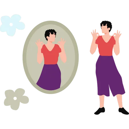 Young Woman Looking At Herself In Mirror  Illustration