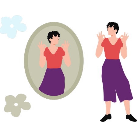 Young Woman Looking At Herself In Mirror  Illustration