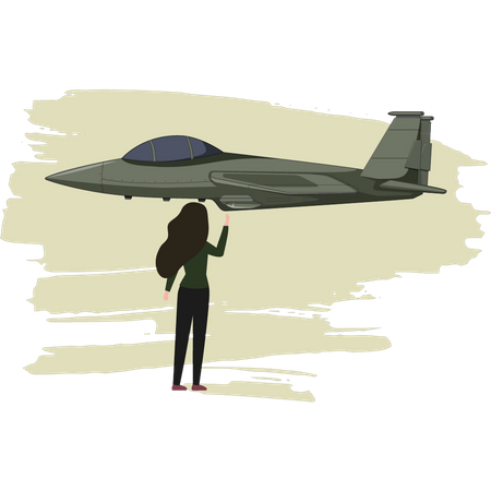 Young Woman Looking At Military Plane  Illustration