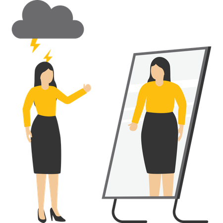 Young woman looking in the mirror and seeing herself as if she has overweight  Illustration