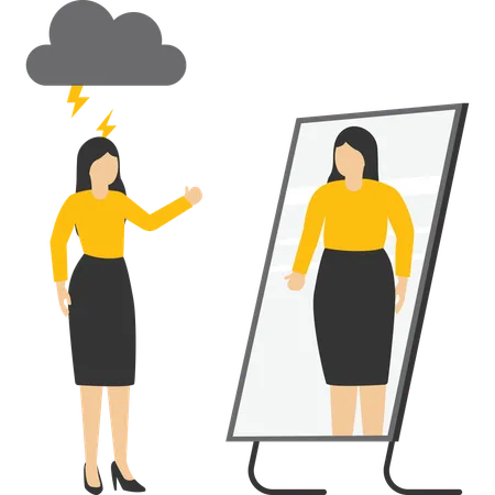 Vector Illustration Of A Young Woman Looking In The Mirror And Seeing Herself As If She Has Overweight Body Anxiety Illustration