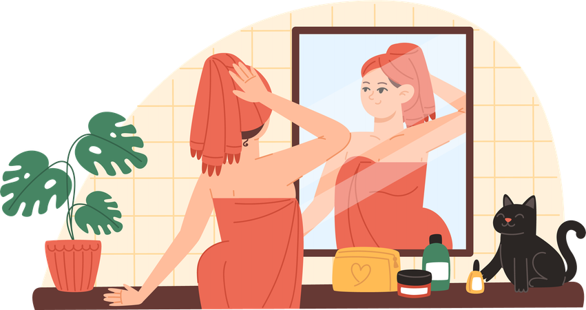 Young woman looks at herself in the mirror in the bathroom and takes care of herself  Illustration