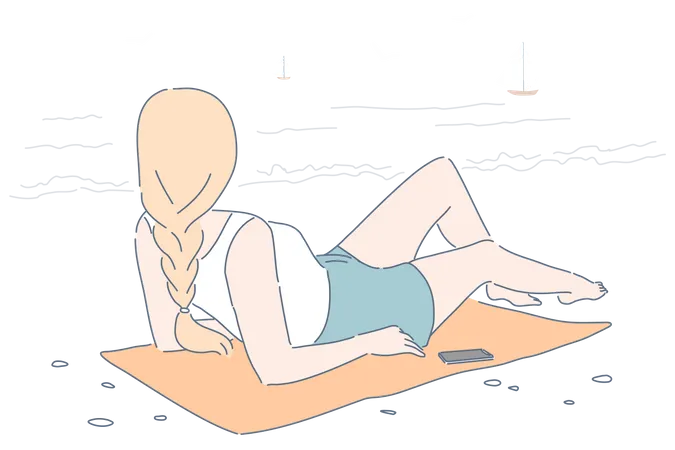 Summer Vacation Seaside Recreation Summertime Relax Concept Beautiful Girl Enjoying Solitude Watching Seascape With Sailboats And Seagulls Young Lady Sunbathing On Sand Simple Flat Vector Illustration