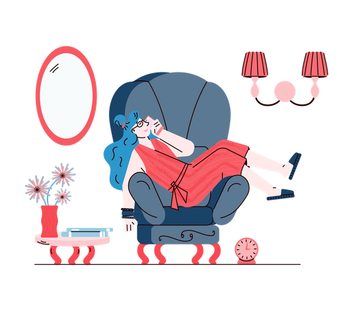 Young woman lying on chair talking on the phone and smiling  Illustration