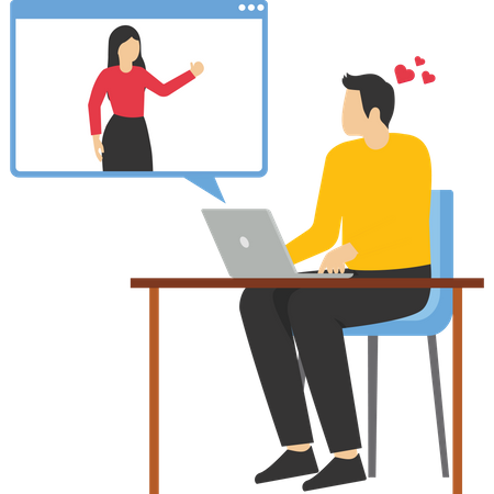 Young woman make online conversation with man via laptop  Illustration