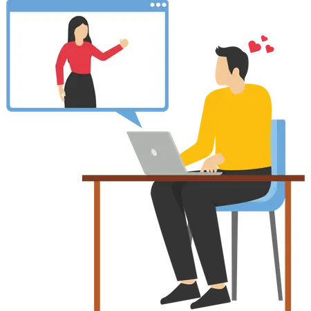 Young woman make online conversation with man via laptop  イラスト