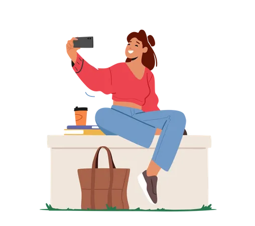 Young Woman Character Posing And Photographing On Mobile Phone Camera For Posting Pictures In Internet Modern Fashionable Girl Student Making Selfie On Smartphone Cartoon Vector Illustration 일러스트레이션
