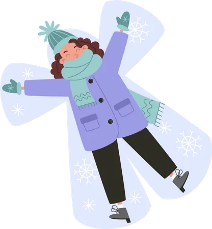 Young Woman Making A Snow Angel In The Snow Illustration