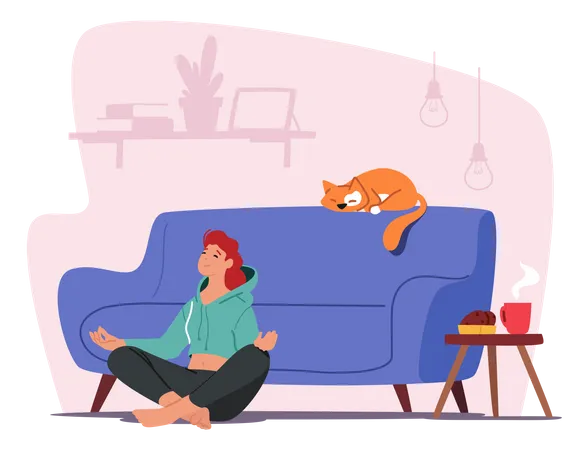Healthy Lifestyle Relaxation Emotional Balance Tranquil Woman Meditating At Home Female Character Sit In Lotus Posture With Hands On Knees On Floor Near Sofa With Cat Cartoon Vector Illustration Illustration