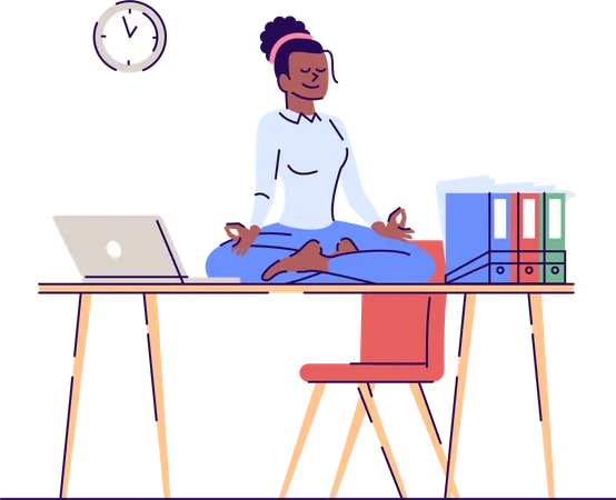Young Woman Meditating On Workplace Flat Vector Illustration Stress Management Mental Balance Girl Relaxing In Lotus Position Isolated Cartoon Character With Outline Elements On White Background Illustration