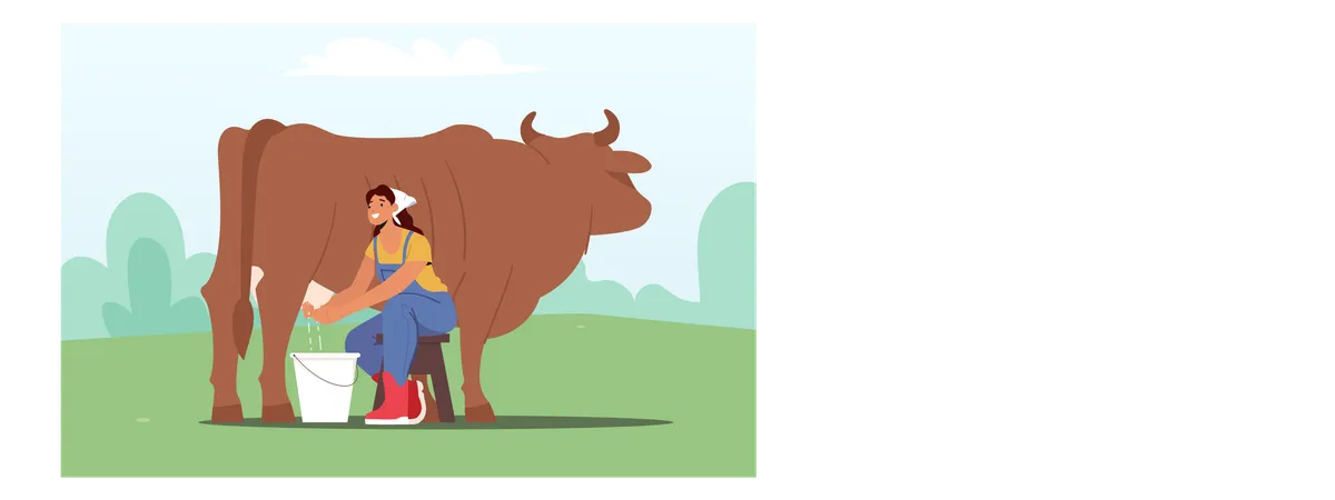 Young woman milking cow and gathering fresh milk Illustration