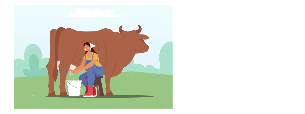 Young woman milking cow and gathering fresh milk  Illustration