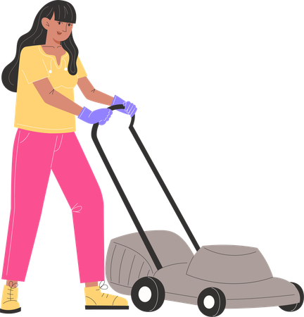 Young woman mows lawn with lawnmower  Illustration