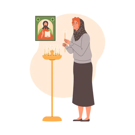 Young woman near Jesus painting lights candle  Illustration