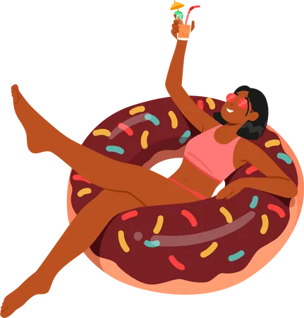 Young Woman On Donut Swimming Ring With Cocktail In Hand Relaxing In Pool And Enjoying Summer Vacation Female Character On Holidays Vacation Cartoon People Vector Illustration Illustration