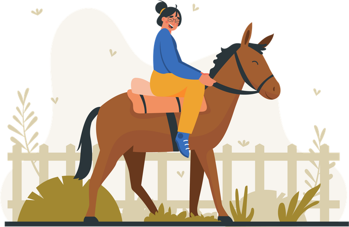Young woman on horse while doing horse ride  Illustration