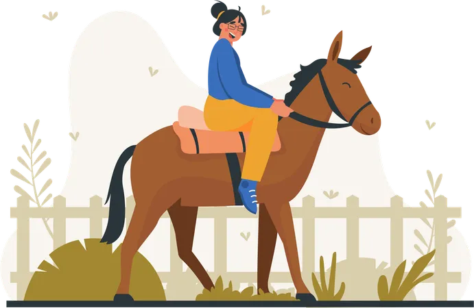 Young woman on horse while doing horse ride  Illustration