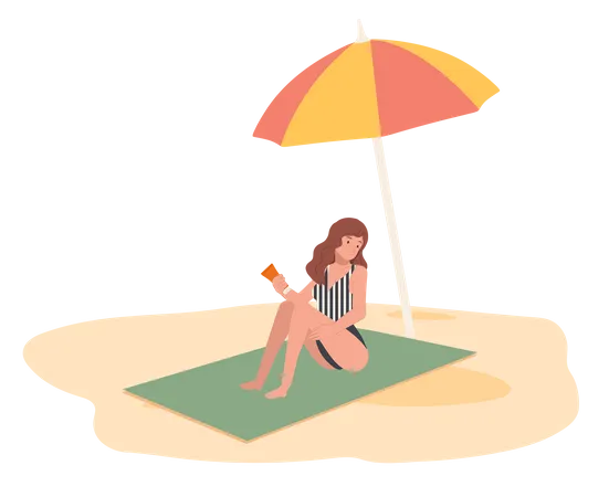 Young Woman On The Beach Sit On Mat And Using Sunscreen  Illustration