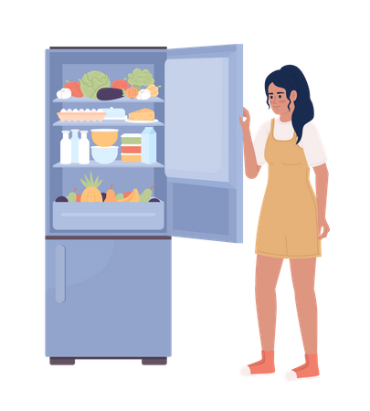 Young woman opening refrigerator door  일러스트레이션