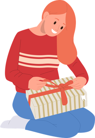 Young woman opening wrapped gift box  Illustration