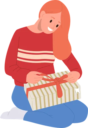 Young woman opening wrapped gift box  Illustration