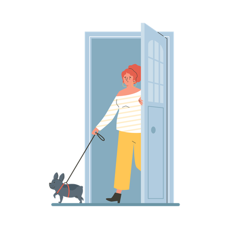 Young woman out door for walk with dog  Illustration