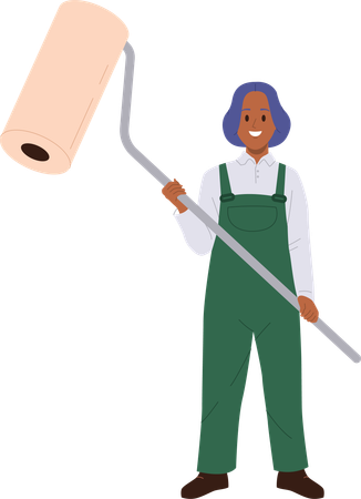 Young woman painter holding roller brush  Illustration
