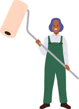 Young woman painter holding roller brush  Illustration