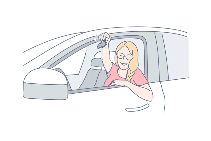 Car Buy Passing Driving Concept Young Cheerful Woman Passed Her Driving Test And Got Driver License Happy Girl Bought Brand New Car In Salon And Holds Key On It In Her Hand Simple Flat Vector Illustration