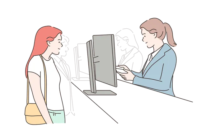 Check Registration Concept Young Woman Passenger Cartoon Character Standing On Passport Control Desk Airport Security Department Staff Member Checking Arrival Identification Documents Illustration Illustration