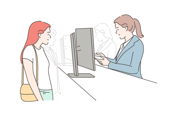 Young woman passenger standing on passport control desk  Illustration