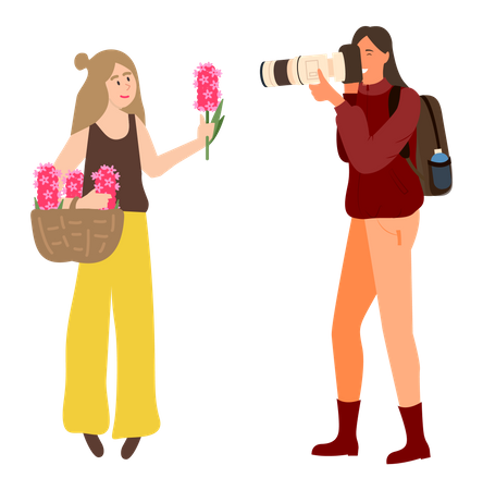 Young woman photographer capturing photo  일러스트레이션