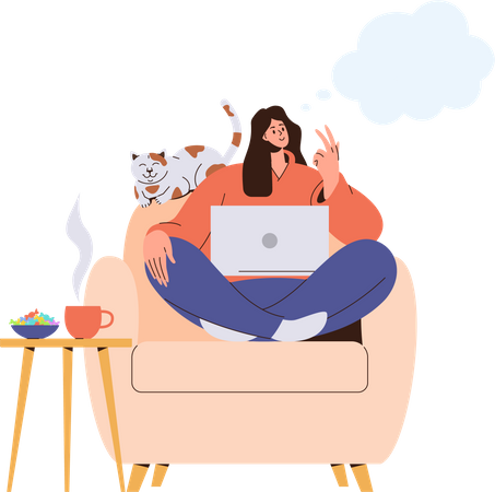 Young woman planning dreaming thinking while sitting with laptop on armchair at home  Illustration