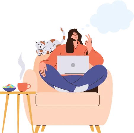 Young woman planning dreaming thinking while sitting with laptop on armchair at home  Illustration