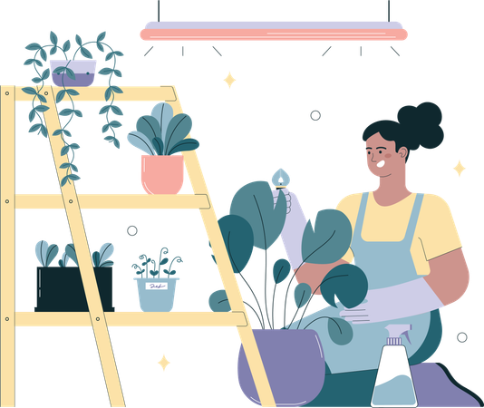 Young woman planting and watering plant  Illustration