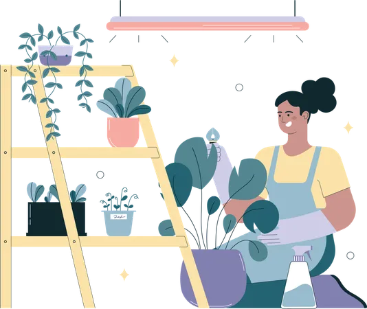 Young woman planting and watering plant  イラスト