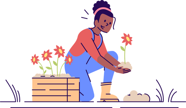 Young woman planting flower Illustration