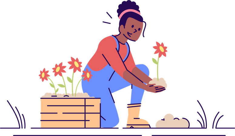 Young woman planting flower  Illustration