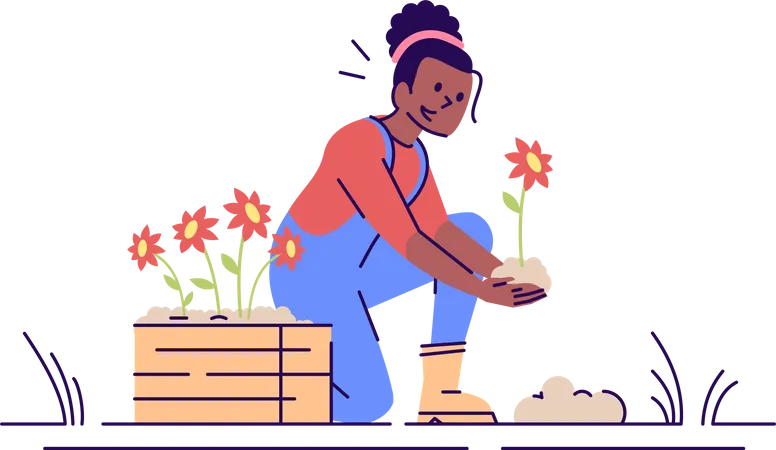 Young woman planting flower  Illustration